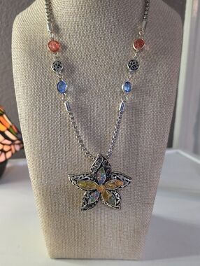 Silver-tone Floral Pendant Necklace with Multicolor Stones